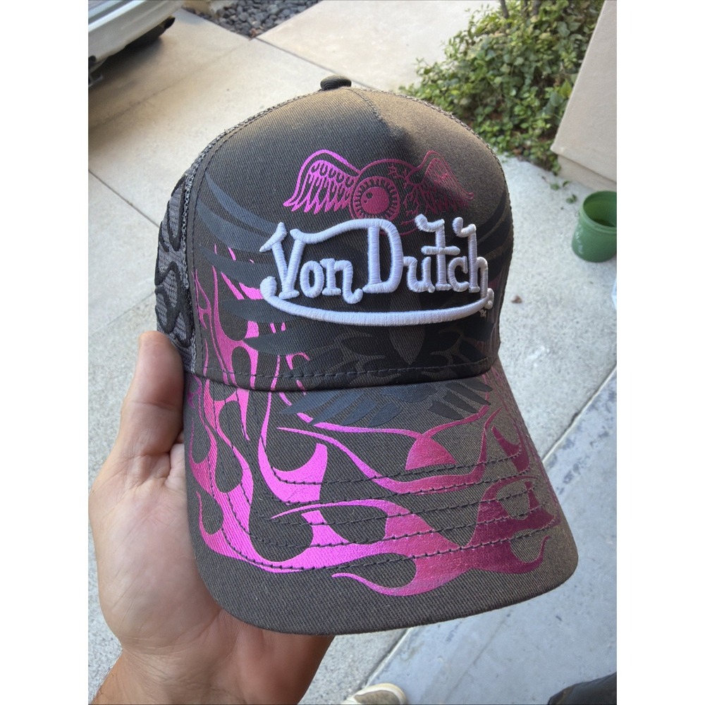 Von Dutch Embroidered Pink&Black Flames/Flying Eyeball SnapBack Trucker Hat